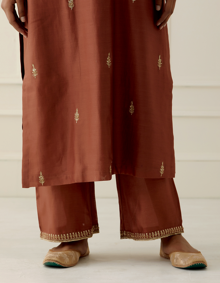 Rust Embroidered Straight Pants