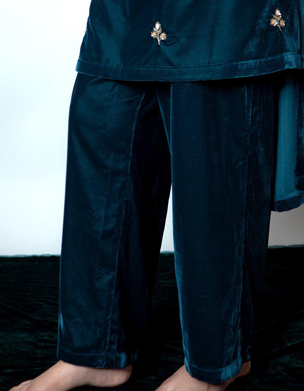 Teal blue silk velvet pants