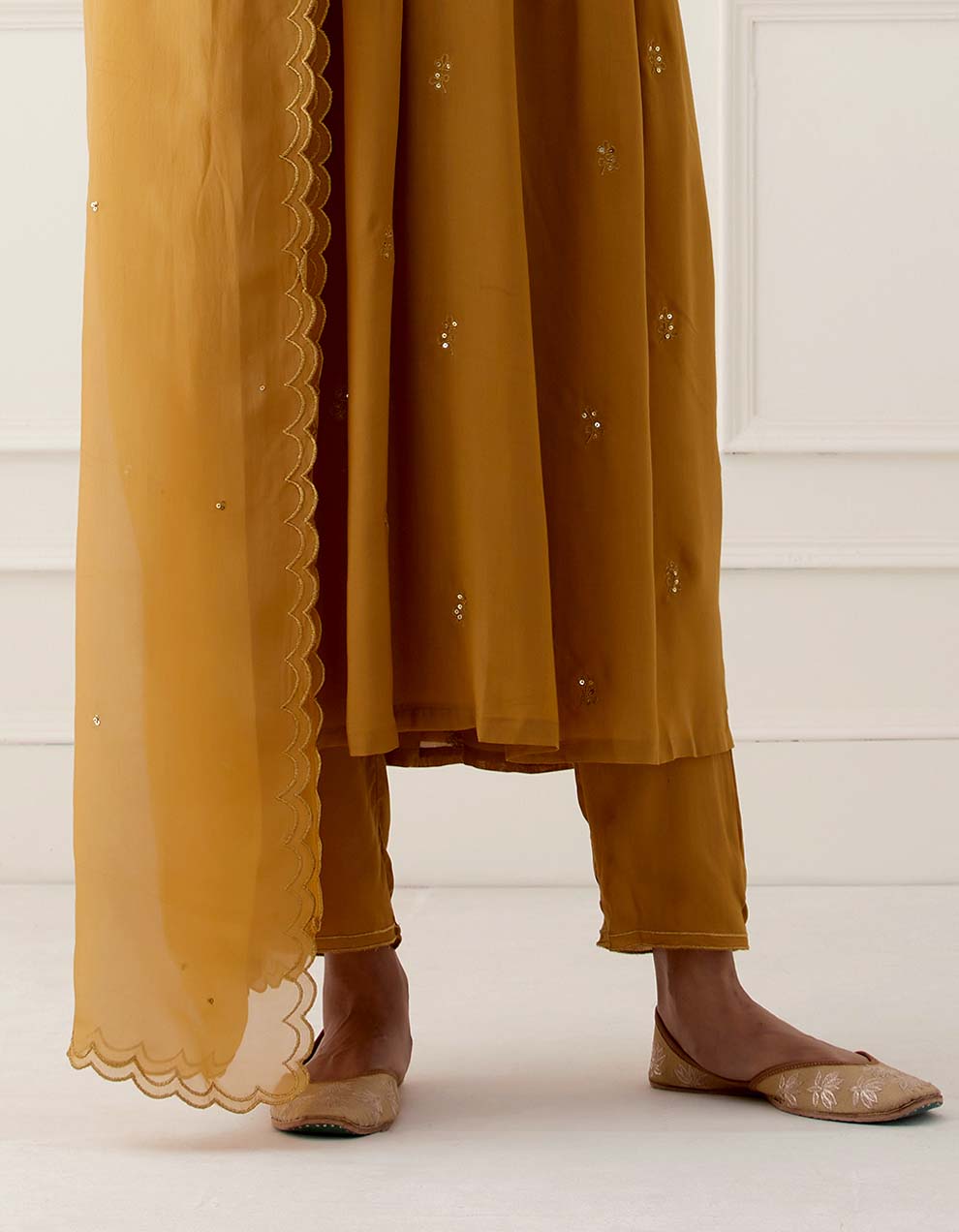 Mustard Embroidered Modal Cotton Kurta With Pants And Dupatta