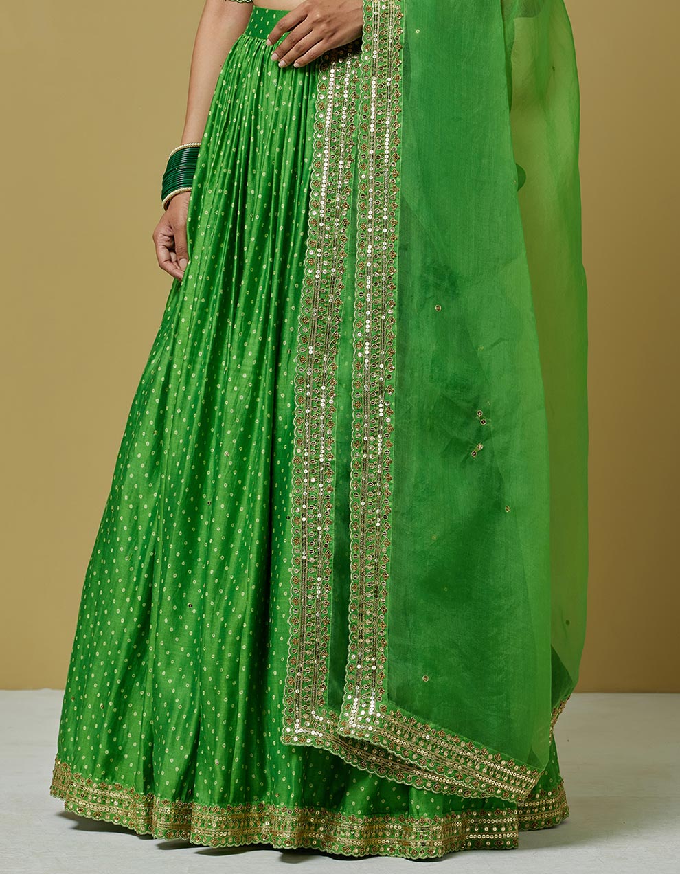 green-embroidery-printed-chanderi-blouse-with-skirt-and-organza-dupatta
