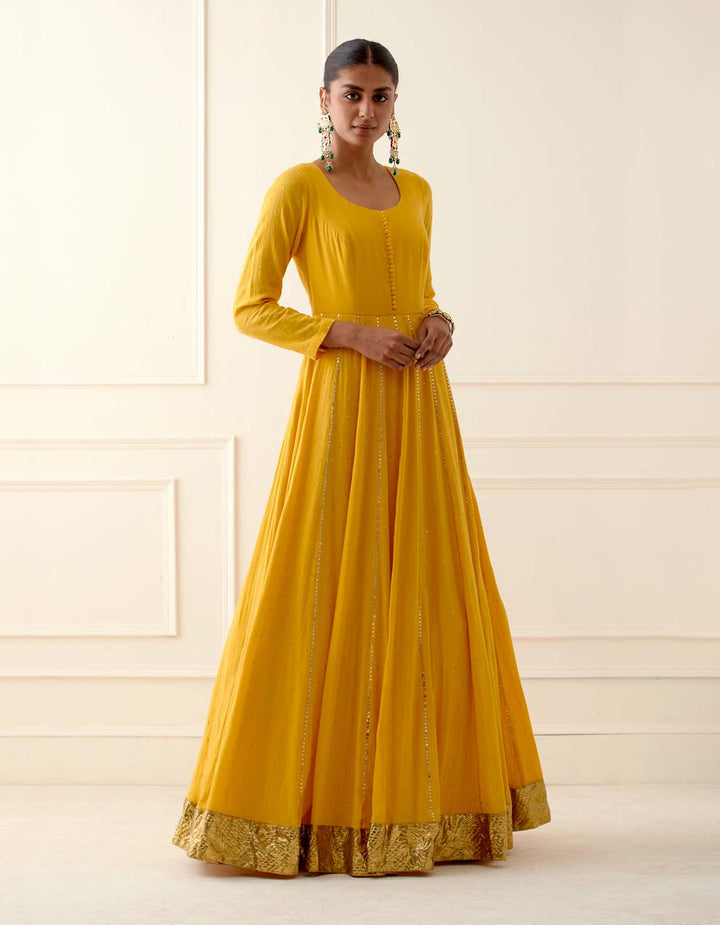 Yellow Cheese Cotton Floor Length Anarkali With Dupatta