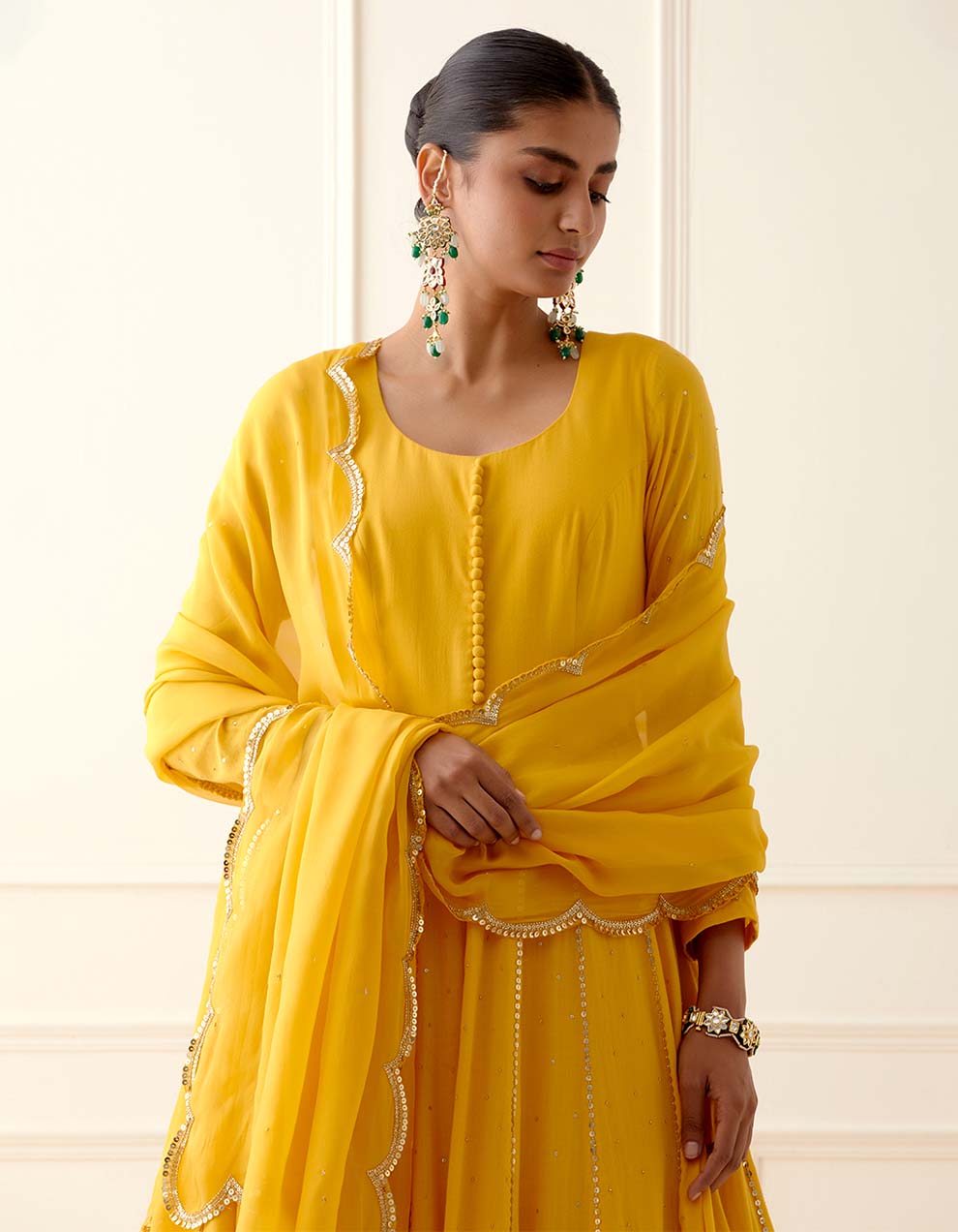 Yellow Cheese Cotton Floor Length Anarkali With Dupatta