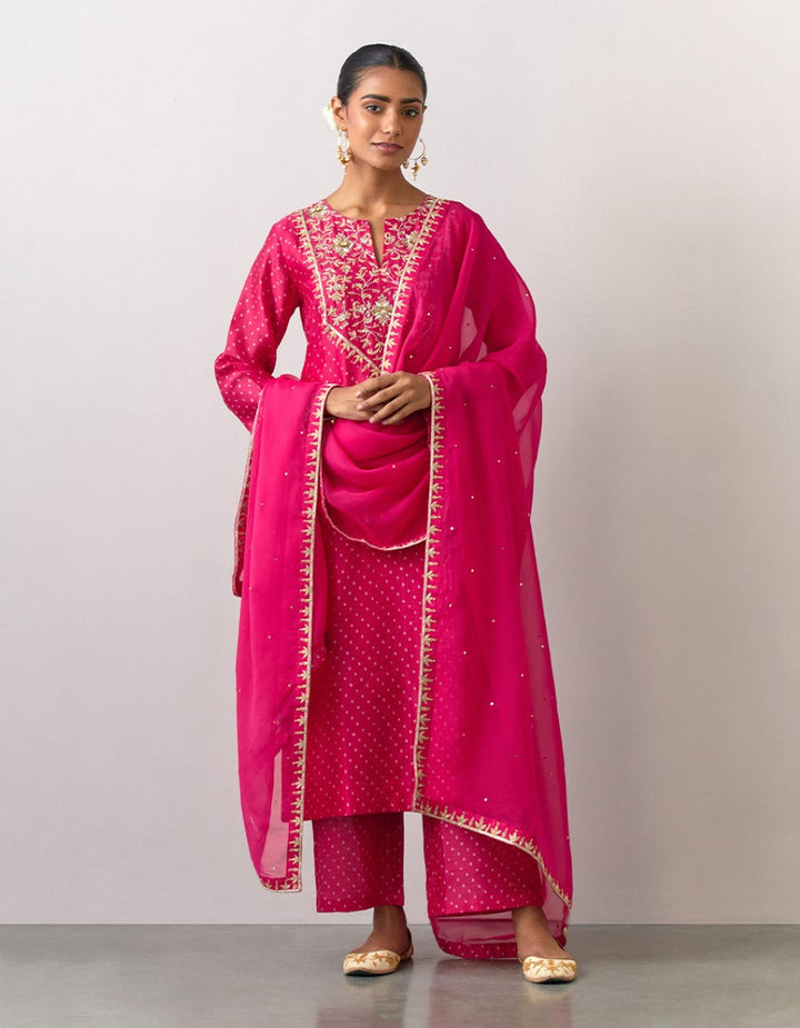 Pink embroidered printed chanderi kurta with pants and dupatta