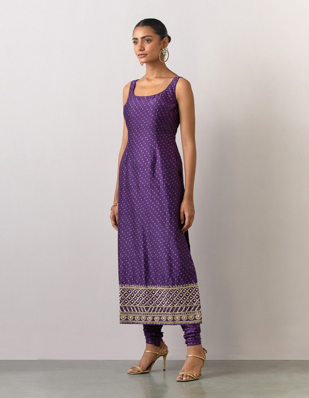 Purple embroidered printed chanderi kurta with pants