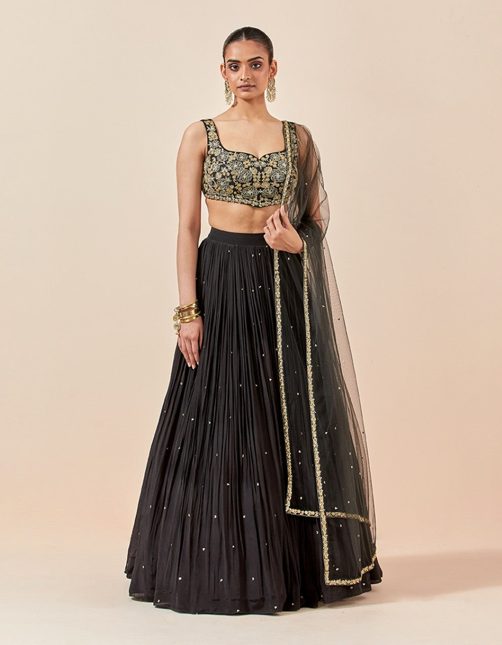 Black hand embroidered chanderi blouse with crepe skirt and dupatta