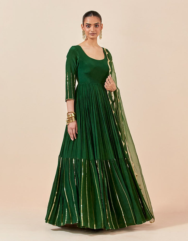 Green embroidered crepe gown and tissue organza dupatta