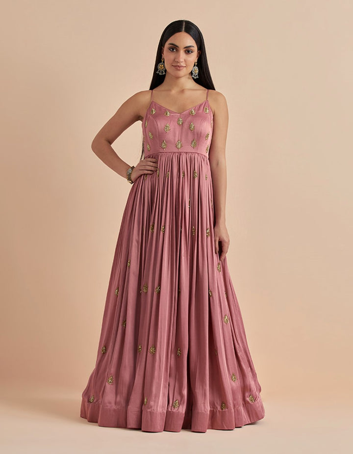 Dust pink hand embroidered bombark satin gown with net dupatta