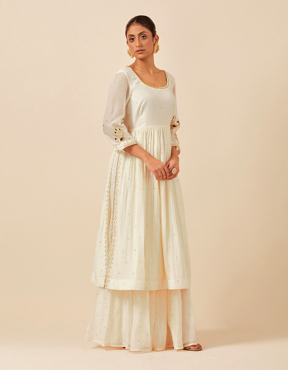 White hand embroidered half-cut anarkali with pants