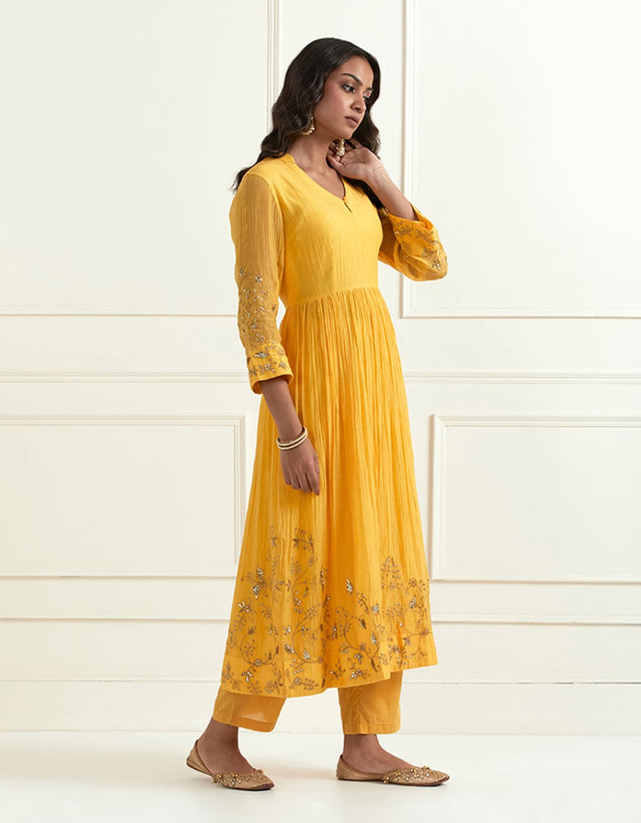 Yellow hand embroidered kurta with pants and cotton dupatta