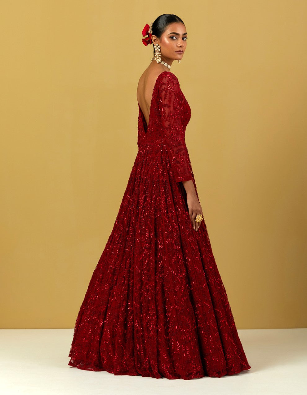 Red Hand Embroidered Net Gown With Dupatta
