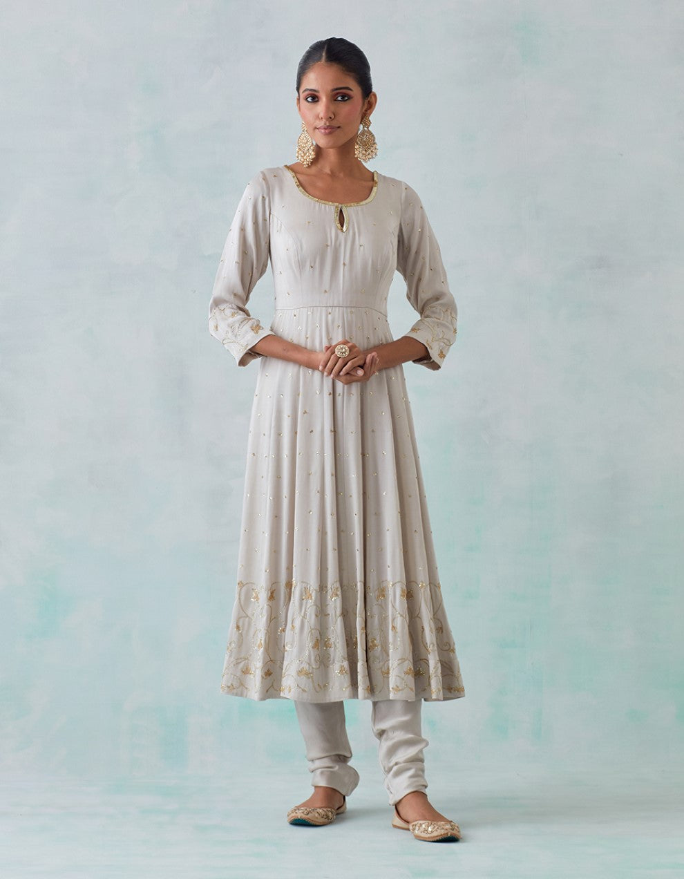 White Embroidered Satin Anarkali with Churidar And Shimmer Organza Dupatta