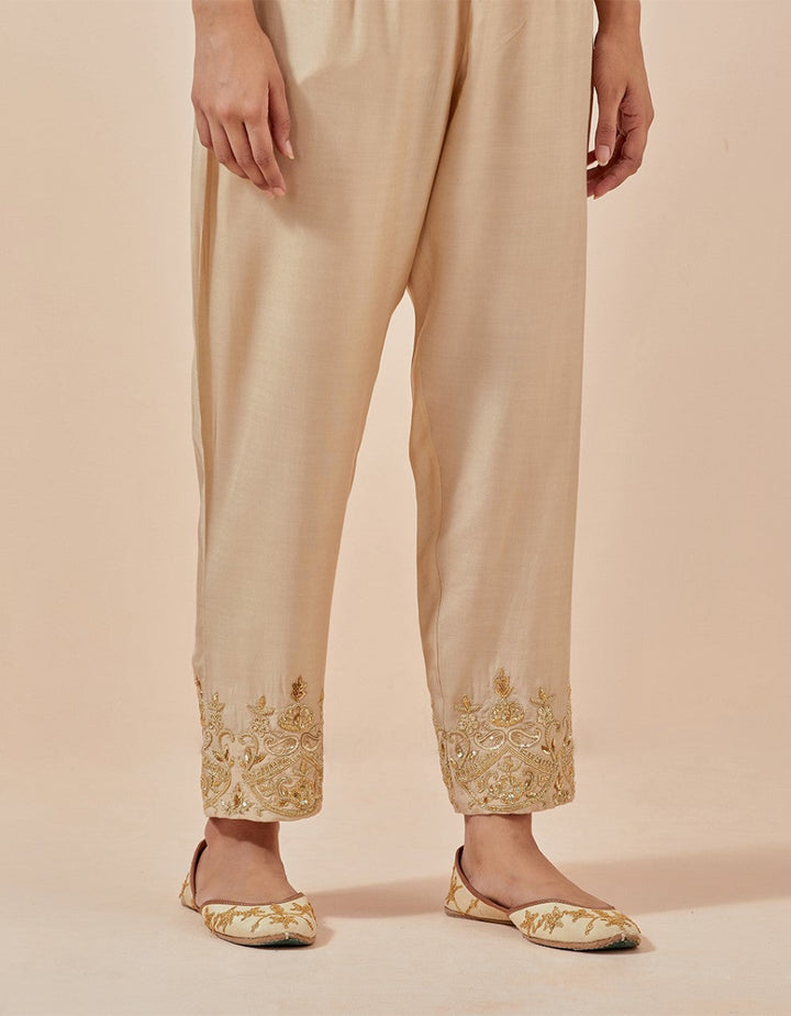 Beige chanderi embroidered kurta with pants and dupatta