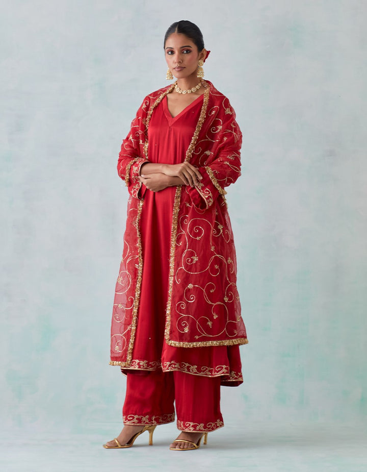 Red Embroidered Satin Kurta with Pants And Shimmer Organza Dupatta