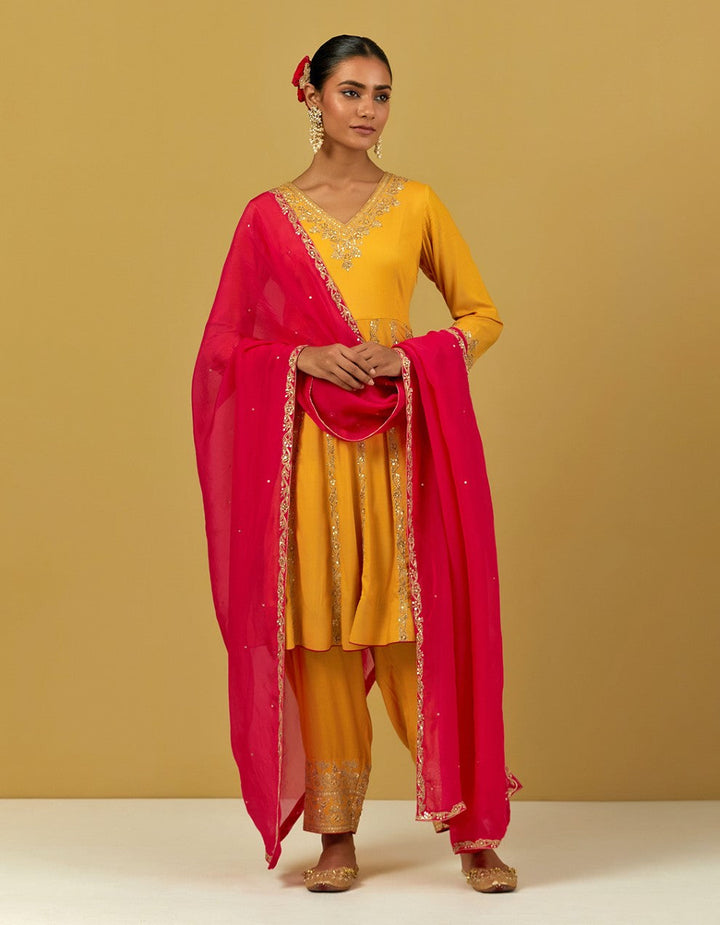 Yellow Hand Embroidered Modal Cotton Suit Set