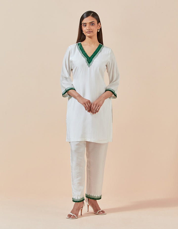 Green muslin cotton hand embroidered kurta with pants