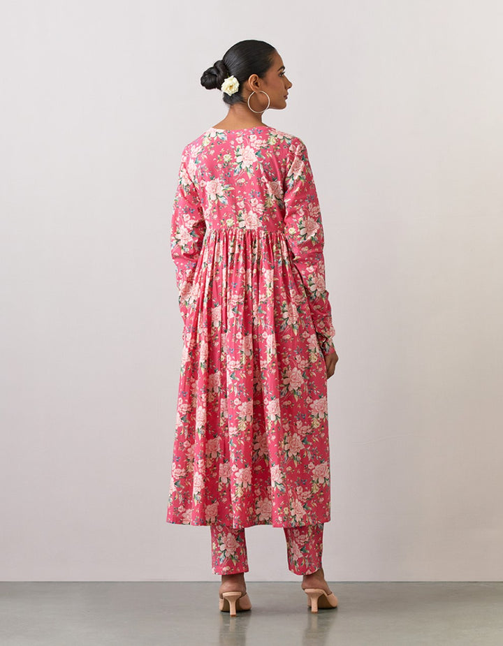 Pink printed cotton kurta with pants and chanderi dupatta
