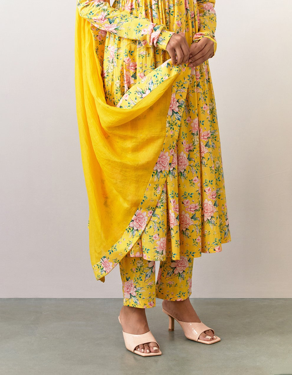 Yellow printed cotton kurta with pants and chanderi dupatta