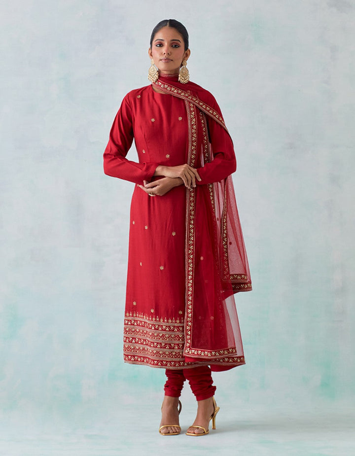 Red Cheese Cotton Kurta with Churidar And Dupatta