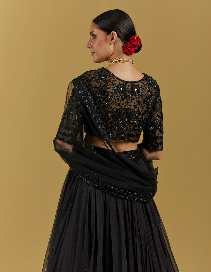 Black Hand Embroidered Net Blouse With Skirt And Dupatta