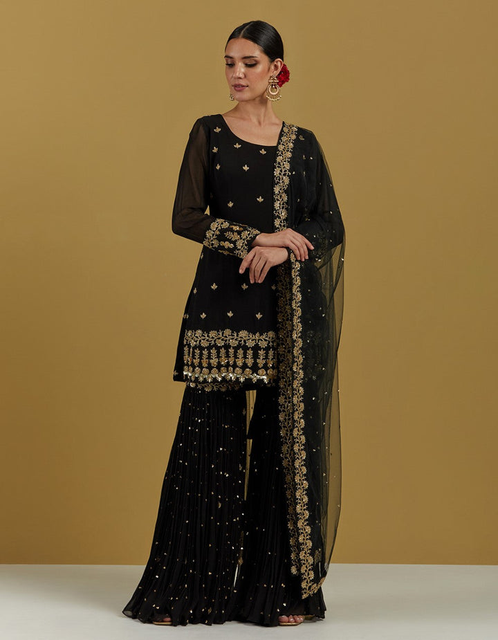 Black Hand Embroidered Kurta With Gharara Pants And Dupatta