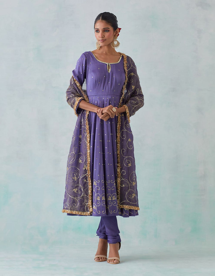 Purple Embroidered Satin Anarkali with Churidar And Shimmer Organza Dupatta