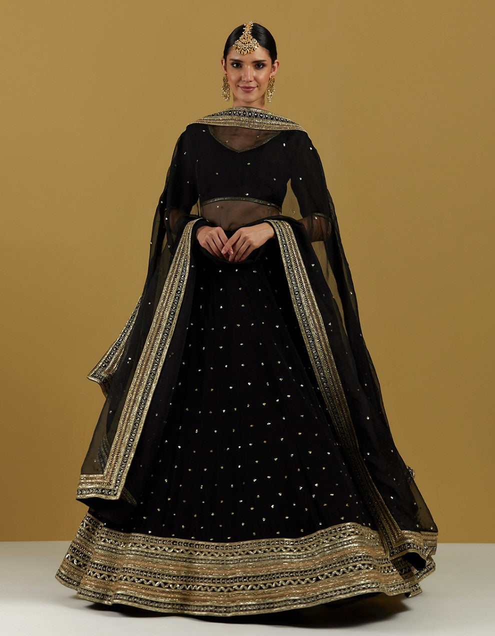 Black Hand Embroidered Georgette Blouse With Lehenga Skirt And Dupatta