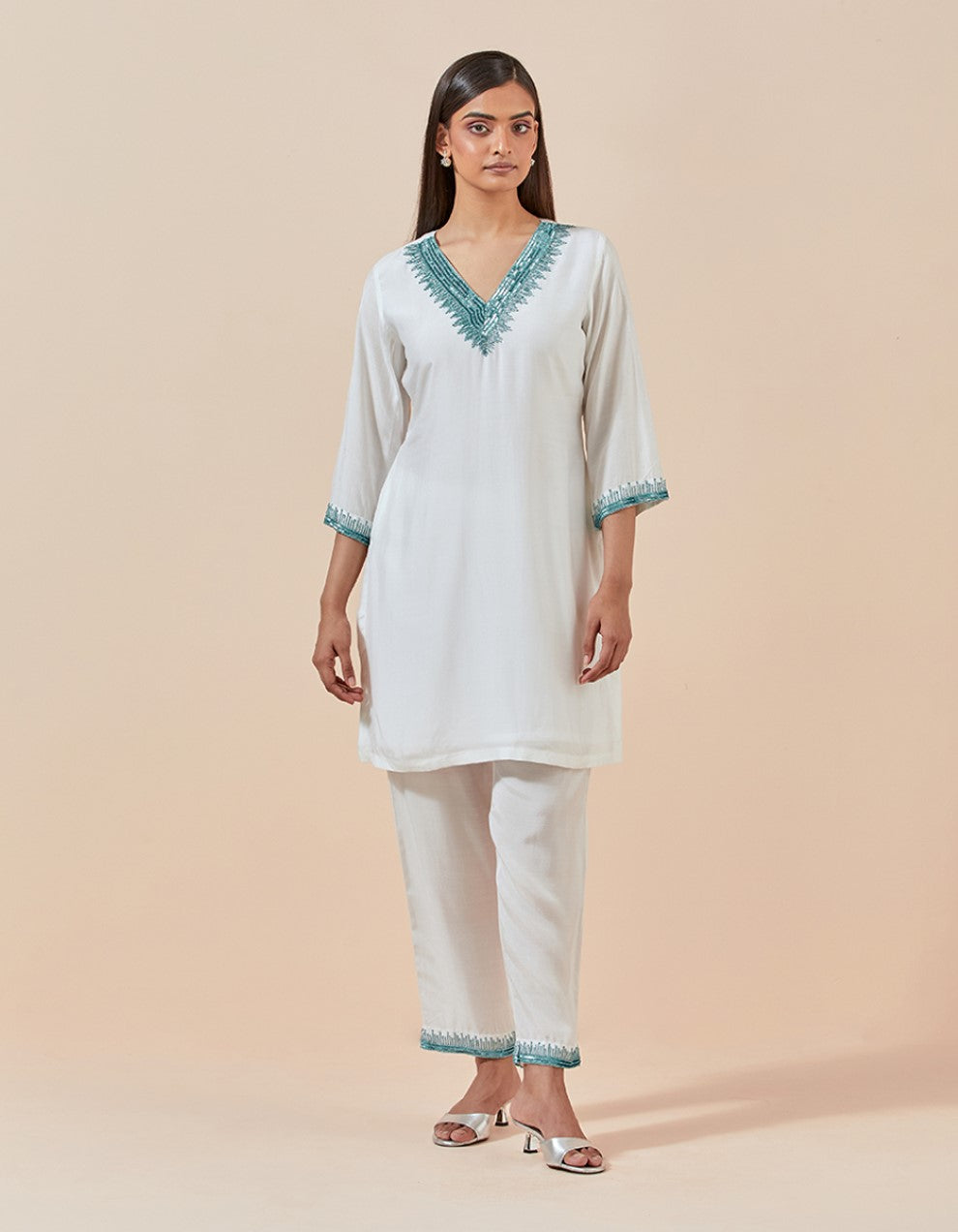 Blue muslin cotton hand embroidered  kurta with pants