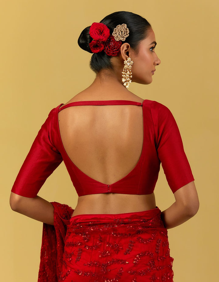 Red Net Saree With Chanderi Blouse And Satin Petticoat