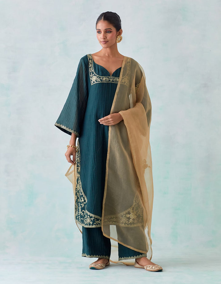 Dark Green Embroidered Light Chanderi Kurta with Pants and Tissue Organza Dupatta