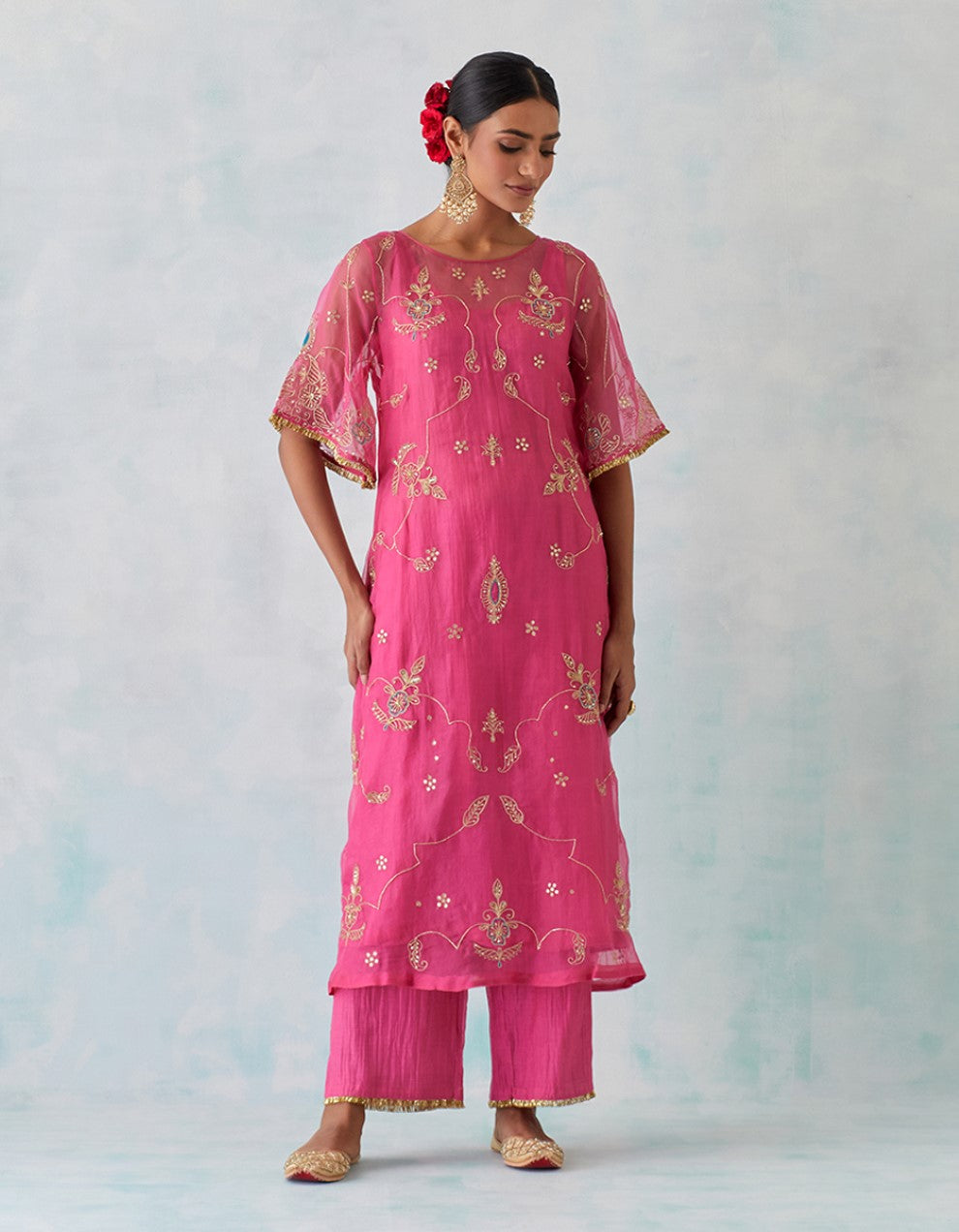 Pink hand embroidered tissue organza and chanderi lining kurta with pants