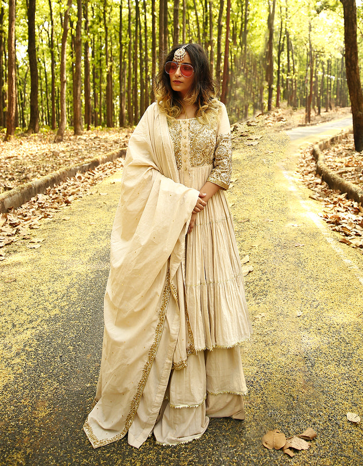 Beige cotton hand embroidered long kurti with skirt and dupatta