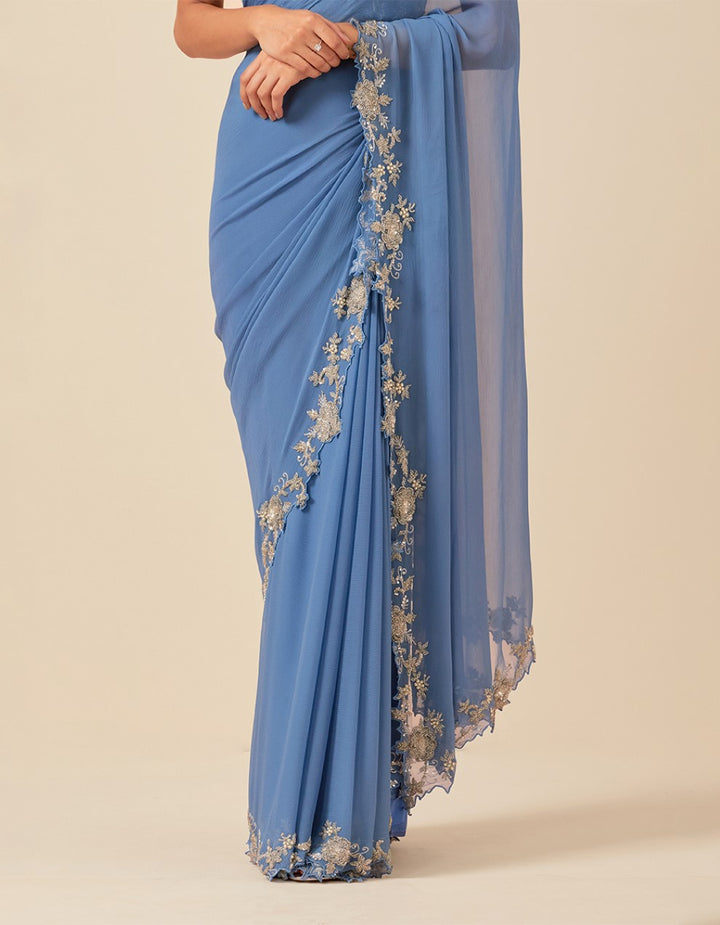 Blue chanderi hand work blouse with  wrinkle chiffon saree and satin petticoat