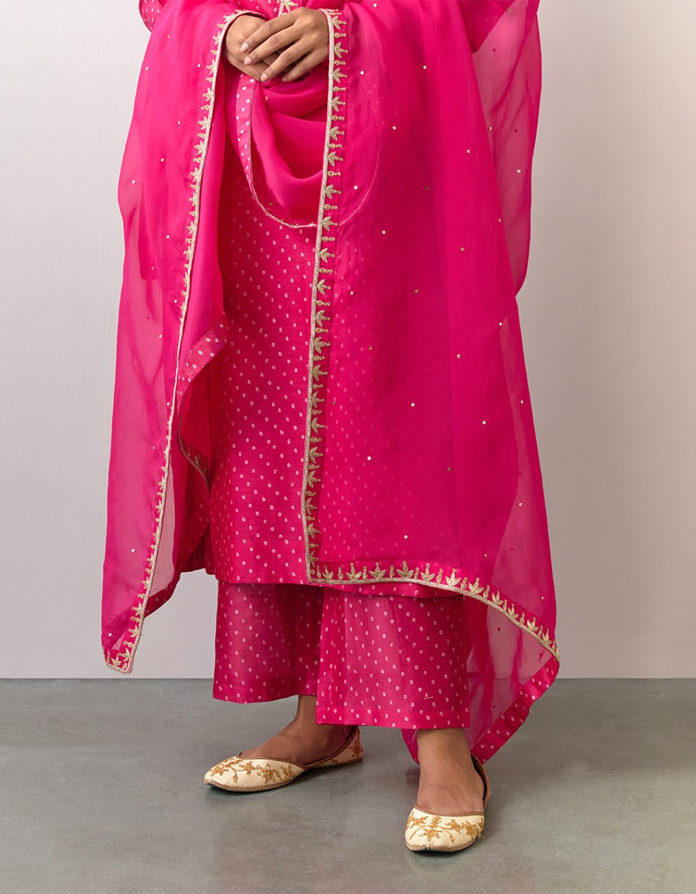 Pink embroidered printed chanderi kurta with pants and dupatta