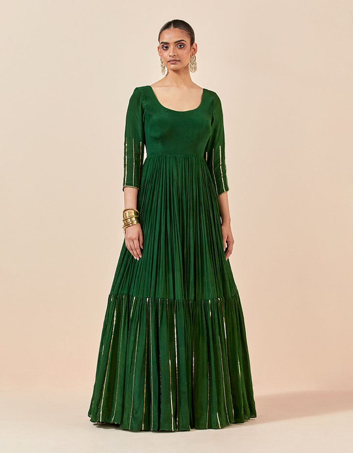 Green embroidered crepe gown and tissue organza dupatta