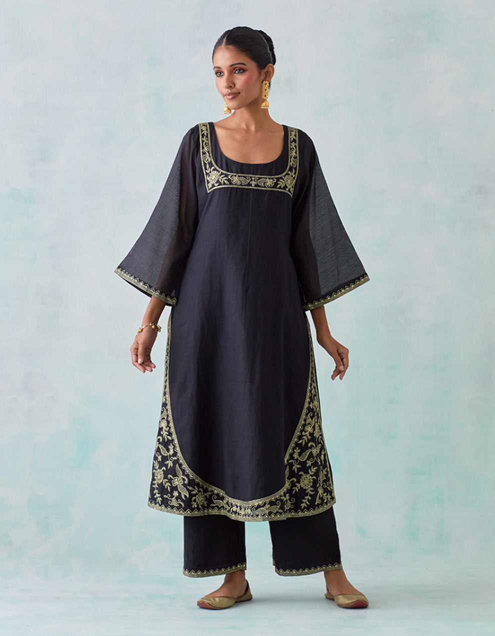 Black Embroidered Light Chanderi Kurta with Pants and Tissue Organza Dupatta