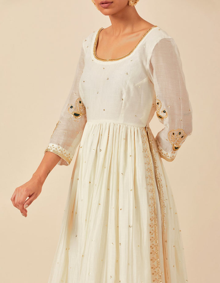 White hand embroidered half-cut anarkali with pants