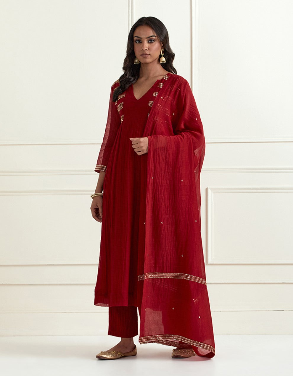 Red hand embroidered kurta with pants and dupatta