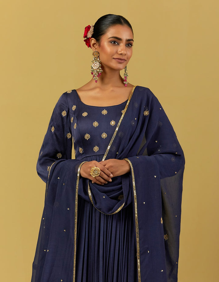 Navy Blue Hand Embroidered Satin Suit