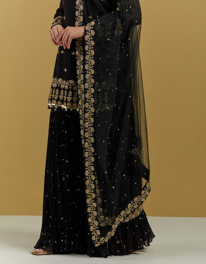 Black Hand Embroidered Kurta With Gharara Pants And Dupatta