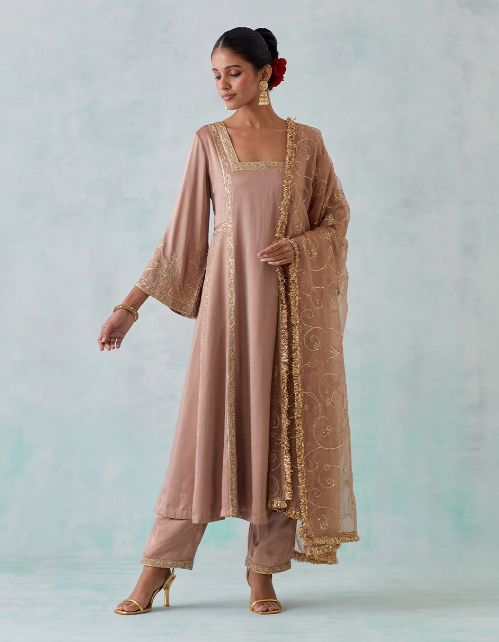 Beige Embroidered Satin Kurta with Pants And Shimmer Organza Dupatta