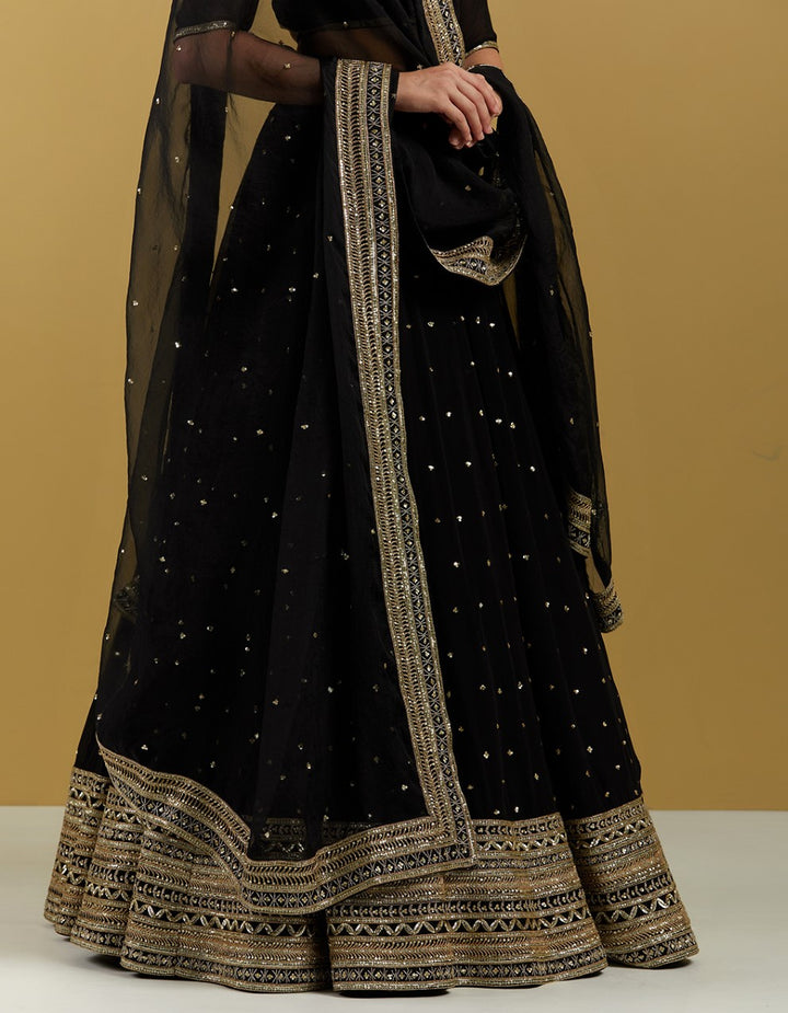 Black Hand Embroidered Georgette Blouse With Lehenga Skirt And Dupatta