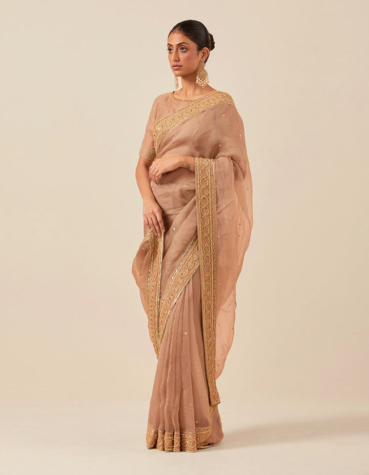 Nude organza hand work blouse and saree with satin petticoat