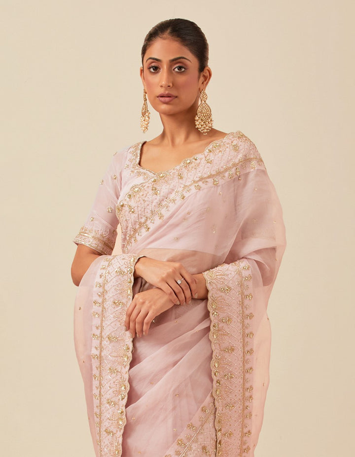 Pink crepe hand work blouse with  organza saree and satin petticoat