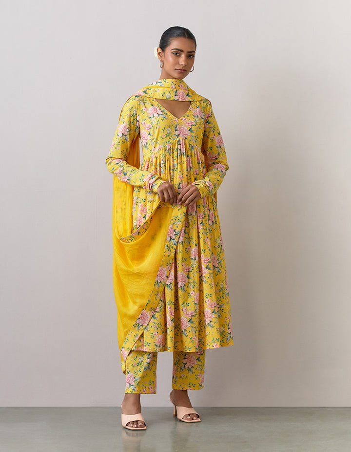 Yellow printed cotton kurta with pants and chanderi dupatta