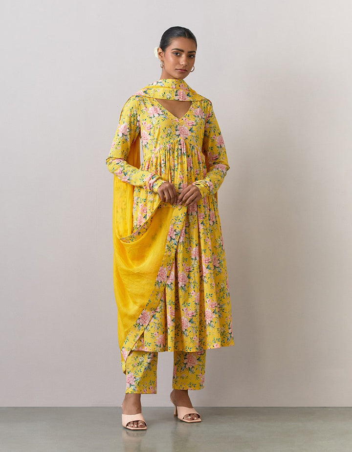 Yellow printed cotton kurta with pants and chanderi dupatta