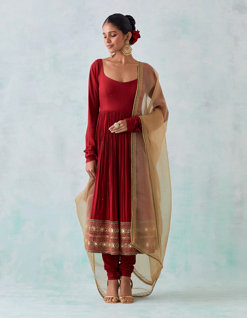 Red Cheese Cotton Anarkali with Churidar And Dupatta