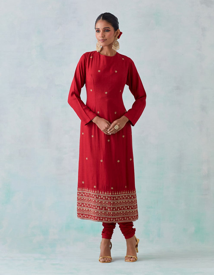 Red Cheese Cotton Kurta with Churidar And Dupatta