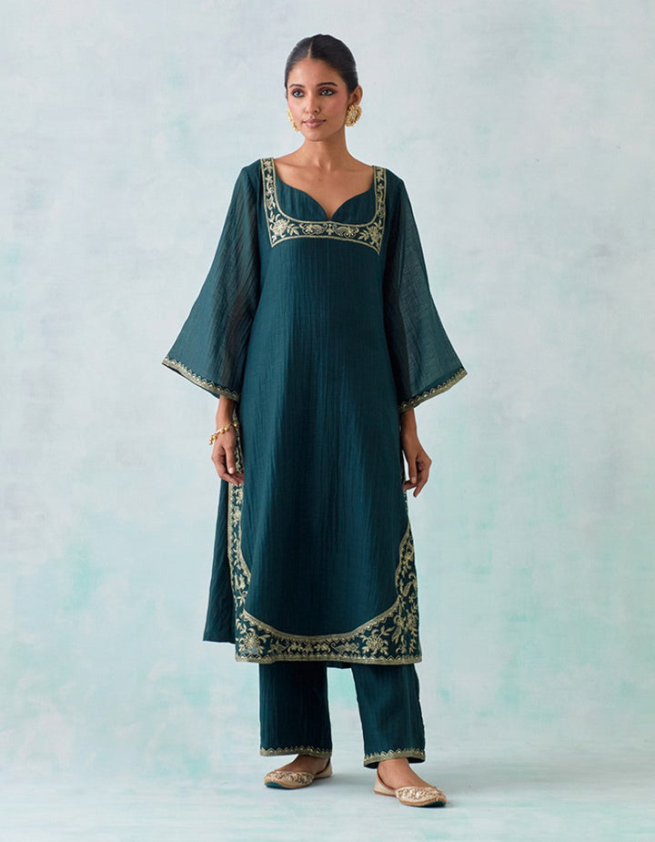 Dark Green Embroidered Light Chanderi Kurta with Pants and Tissue Organza Dupatta