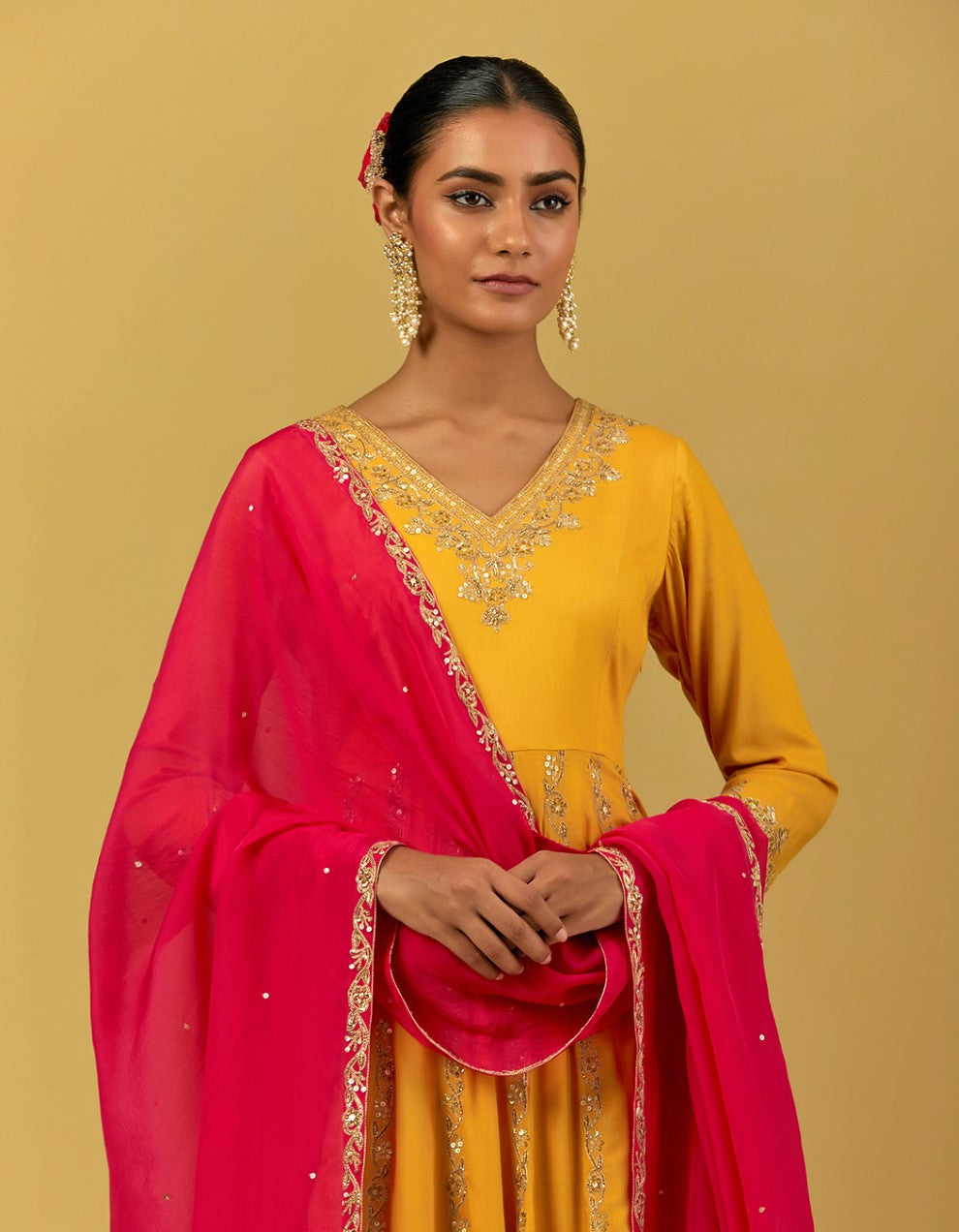 Yellow Hand Embroidered Modal Cotton Suit Set