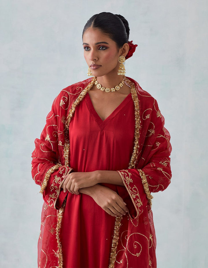 Red Embroidered Satin Kurta with Pants And Shimmer Organza Dupatta